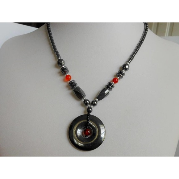 Vintage Hematite & Red Jasper Necklace Donut Pendant 18" - Picture 4 of 8